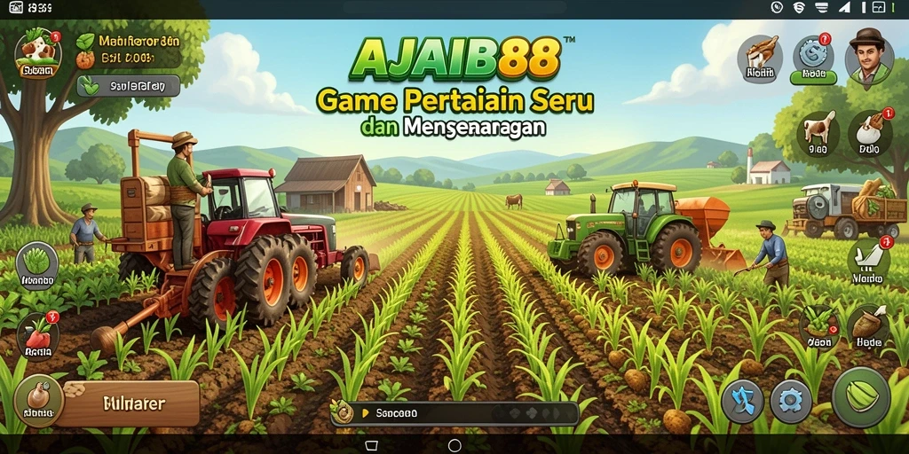 Tampilan gameplay AJAIB88 dengan kebun yang subur dan hewan ternak.