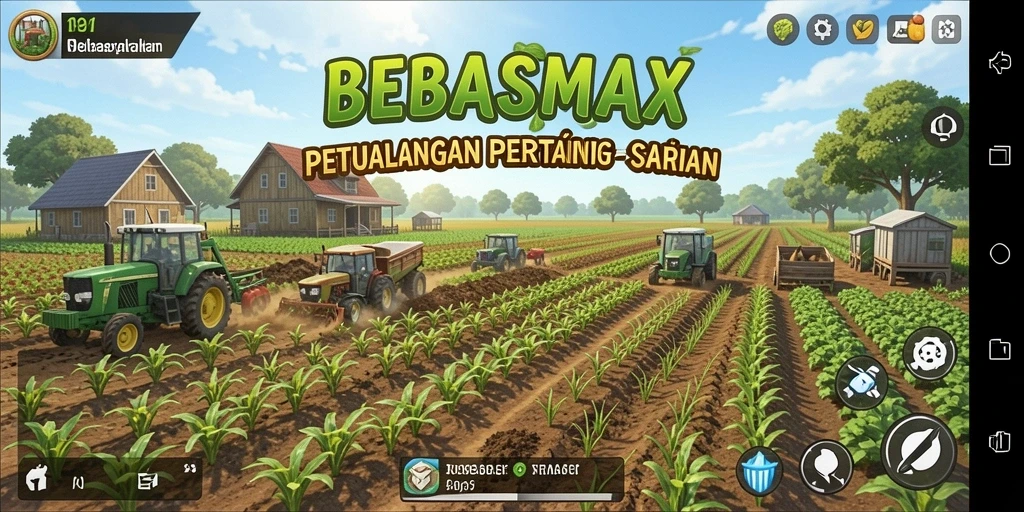 Tampilan gameplay BEBASMAX yang menampilkan aktivitas bertani yang menarik.
