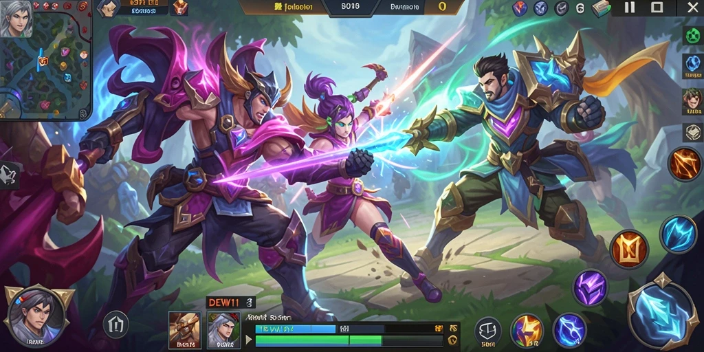 Gameplay seru di DEWI11 menampilkan pertempuran antar karakter MOBA.